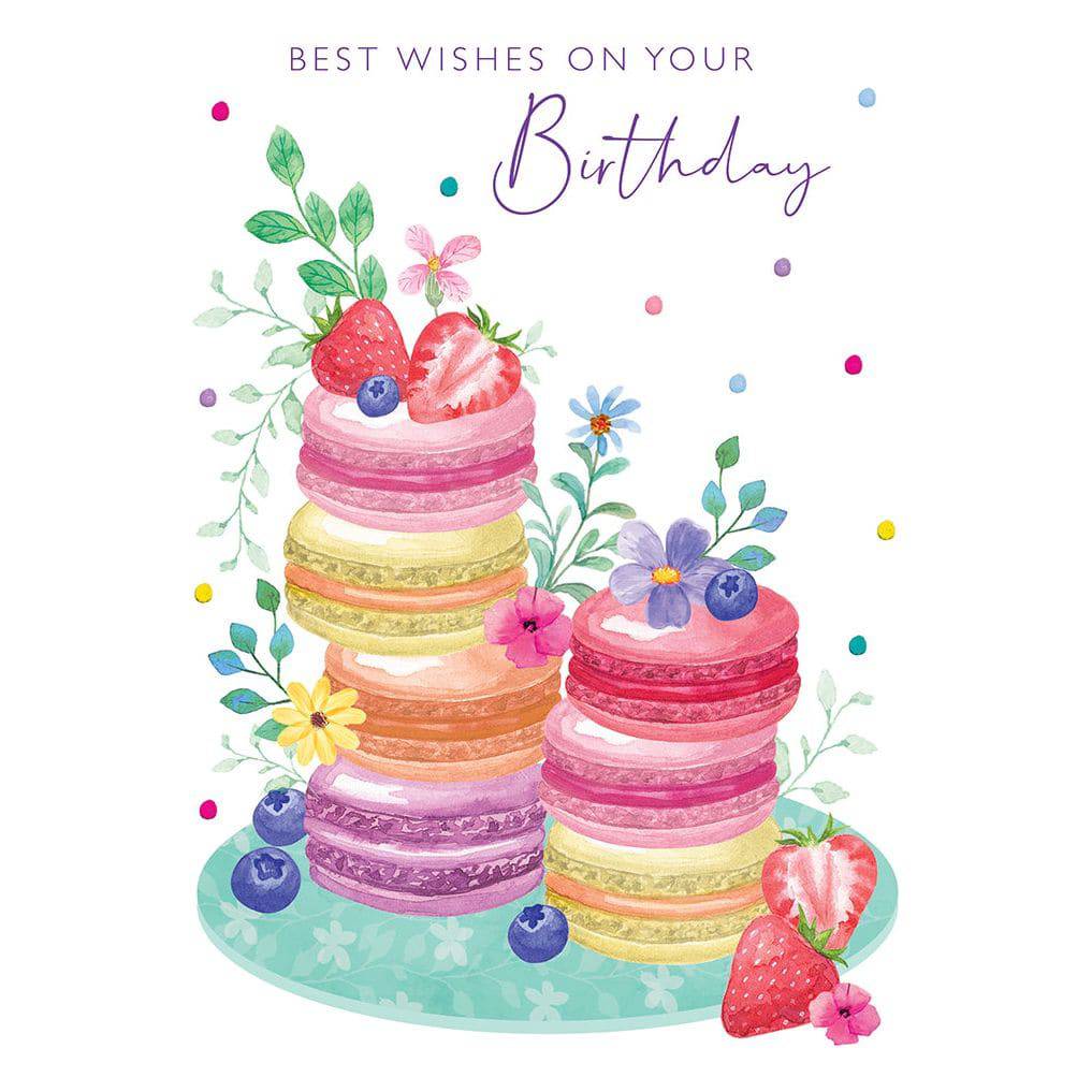 Colorful macarons birthday card by Pictura featuring vibrant, edible-look macarons on a cheerful greeting card design.